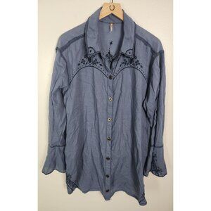Free People Women's Sz. L Baby Blues Button Front Shirtdress Embroidered